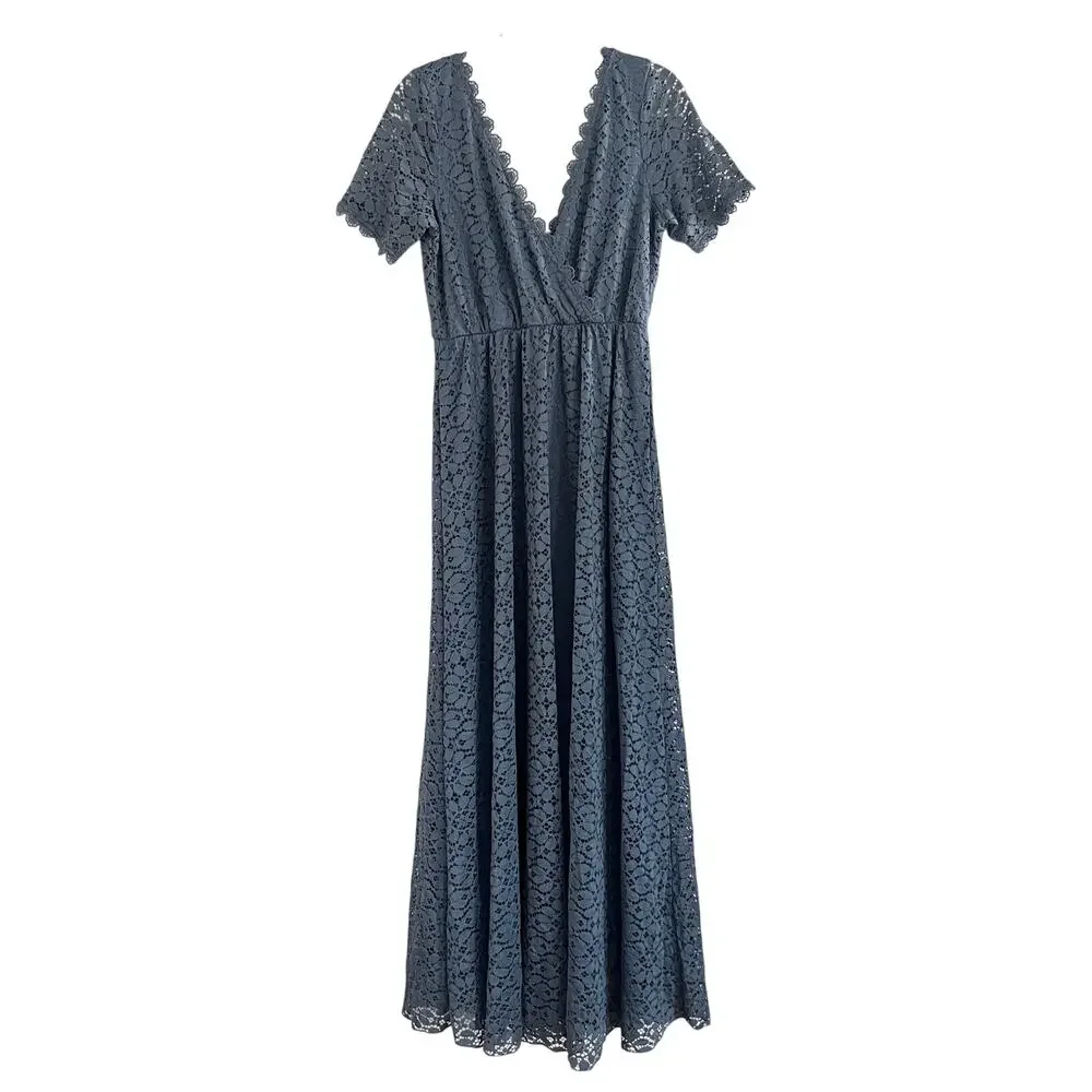 NWT Baltic Born Venice Slate Blue Lace Maxi Dress V-neck Tie Back Size L - Picture 2 of 12